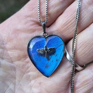 WWII US Army Air Corps Sterling Morpho Butterfly Wing Heart Pendant 40s